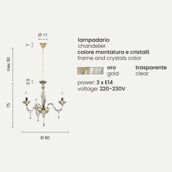 Araña FIAMMA en cristal y cristal transparente con acabado dorado 3 LUCES D60 cm