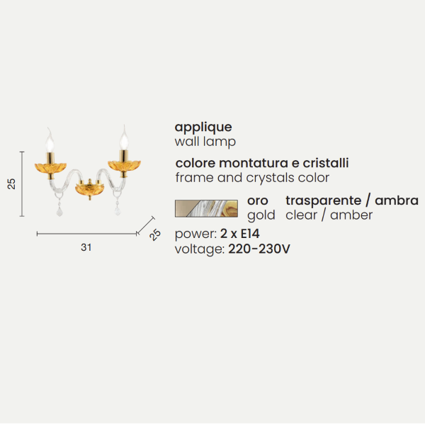 PATRICIA wall light in glass and crystal 2 LIGHTS AMBER 12x25 cm