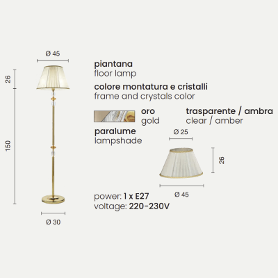 Lámpara de pie PATRICIA en vidrio y cristal ámbar H176 cm