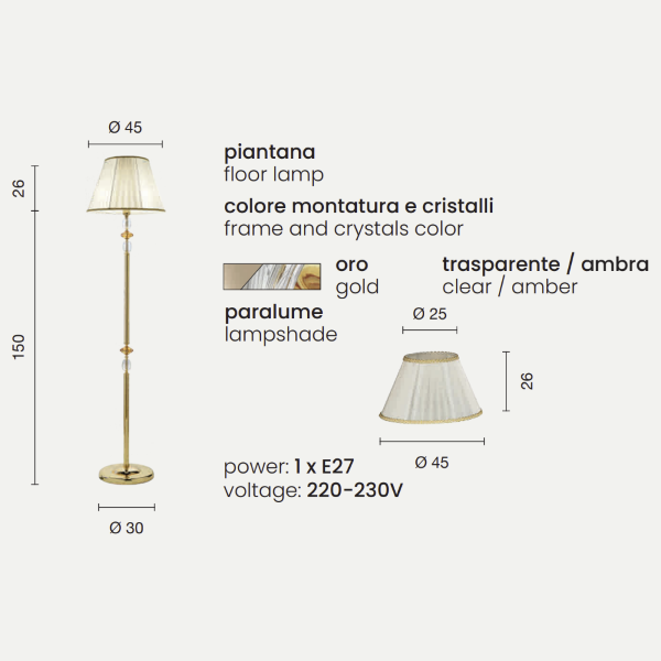 Lámpara de pie PATRICIA en vidrio y cristal ámbar H176 cm