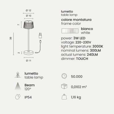 Table lamp LED wireless rechargeable USB touch MACAO White 12x38 cm