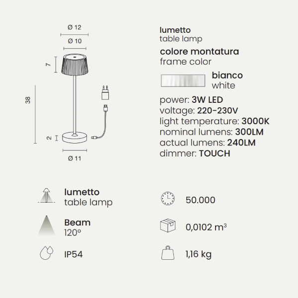 Table lamp LED wireless rechargeable USB touch MACAO White 12x38 cm