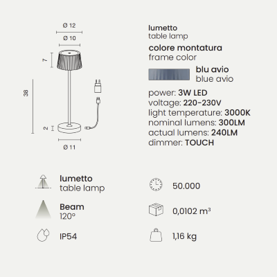 Lampe à poser LED sans fil rechargeable USB tactile MACAO Bleu avion 12x38 cm