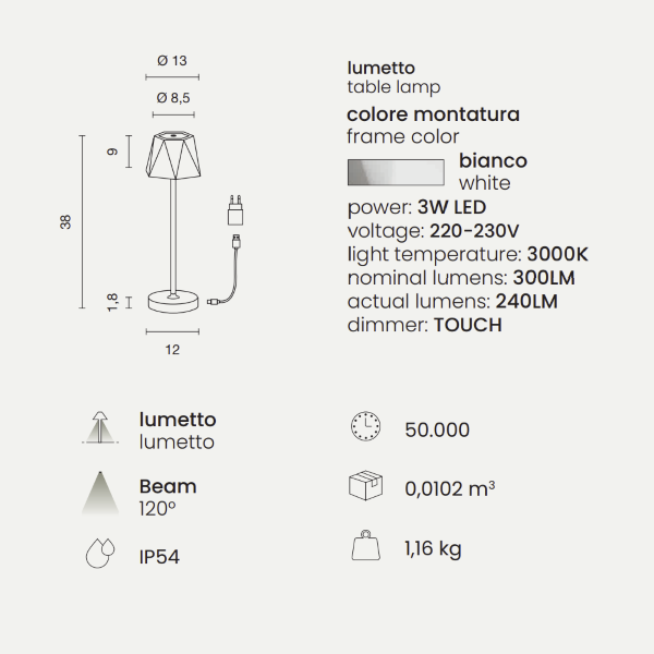 Drahtlose Touch USB wiederaufladbare 12x38 cm LED Tischlampe FIJI Weiß