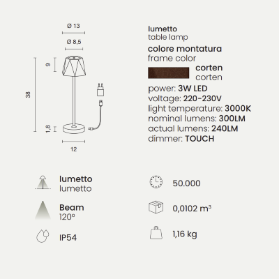 Drahtlose Touch USB wiederaufladbare 12x38 cm LED Tischlampe FIJI Corten