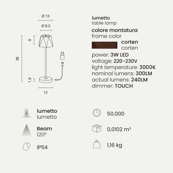 Drahtlose Touch USB wiederaufladbare 12x38 cm LED Tischlampe FIJI Corten