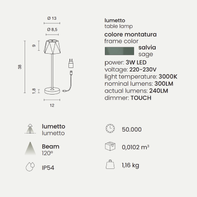 Wireless touch USB rechargeable 12x38 cm LED table lamp FIJI Sage green