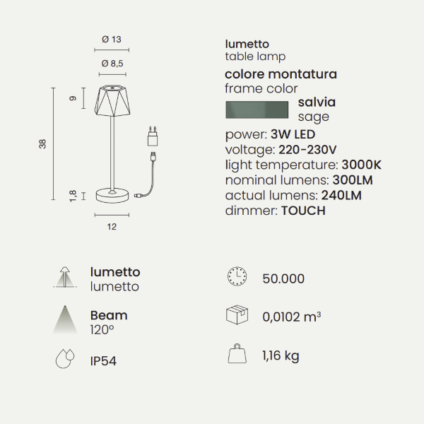 Wireless touch USB rechargeable 12x38 cm LED table lamp FIJI Sage green