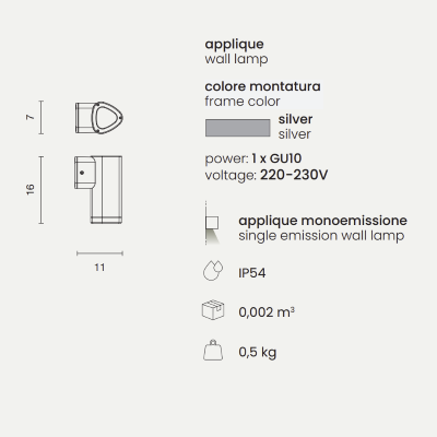 Außenwandleuchte RAV aus SILBER lackiertem Aluminium. Klein