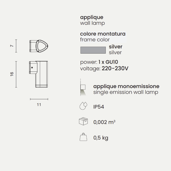 Außenwandleuchte RAV aus SILBER lackiertem Aluminium. Klein