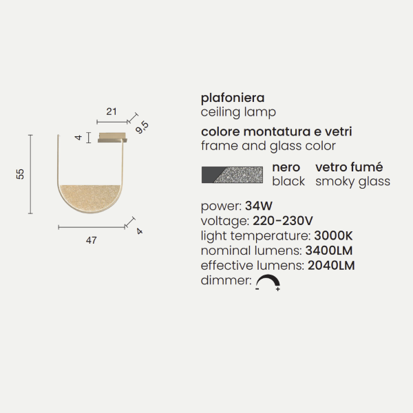 Lámpara de techo LOTUS con inserto extraíble de vidrio granulado AHUMADO 55x47 cm