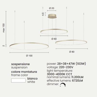 Suspension LED 3 lumières SOEL en métal peint BLANC 200 cm