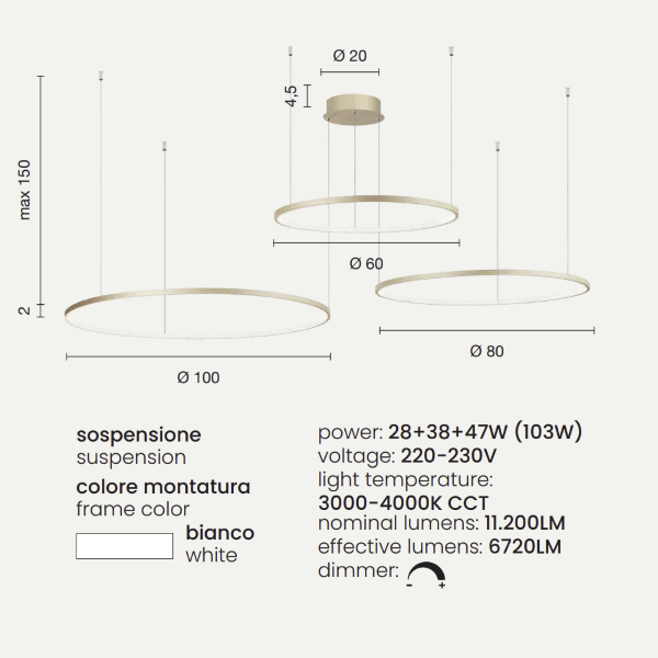 Suspension LED 3 lumières SOEL en métal peint BLANC 200 cm