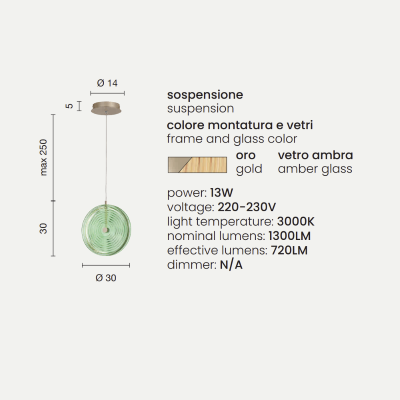 Lampada a sospensione LED JOKEY in metallo e vetro decorato AMBRA 30 cm