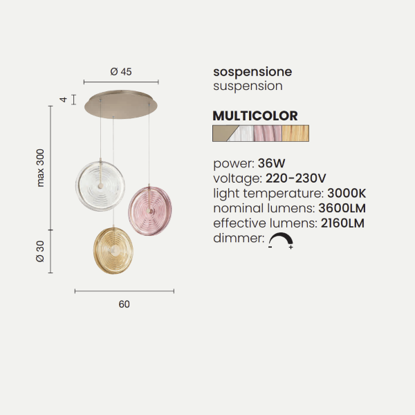 Lampada a sospensione 60 cm JOKEY 3 Luci in metallo e vetro decorato MULTICOLOR
