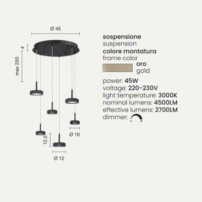 NINA pendant lamp in gold painted metal with 6 LED lights 45 cm