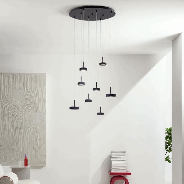 Lampe à suspension NINA en métal peint noir avec 8 lumières LED 60 cm