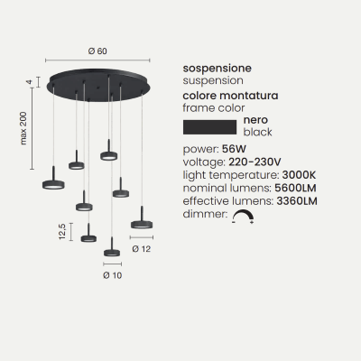 Lampe à suspension NINA en métal peint noir avec 8 lumières LED 60 cm