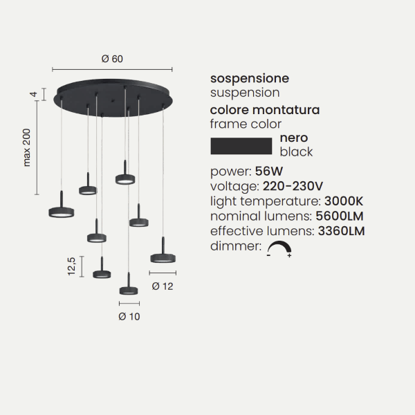 Lampe à suspension NINA en métal peint noir avec 8 lumières LED 60 cm