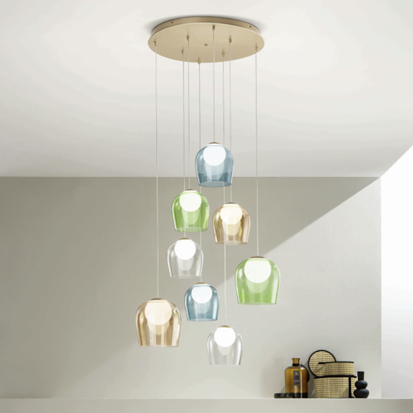 Suspension en métal doré et verre coloré SANTOS 8 lumières LED 60 cm