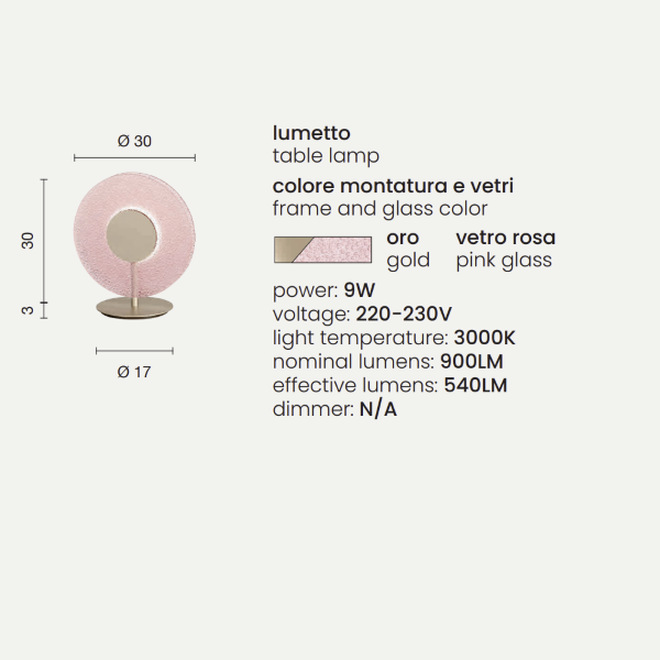 CANDY LED-Tischlampe 30x33 cm aus goldfarbenem Metall und rosafarbenem Glas