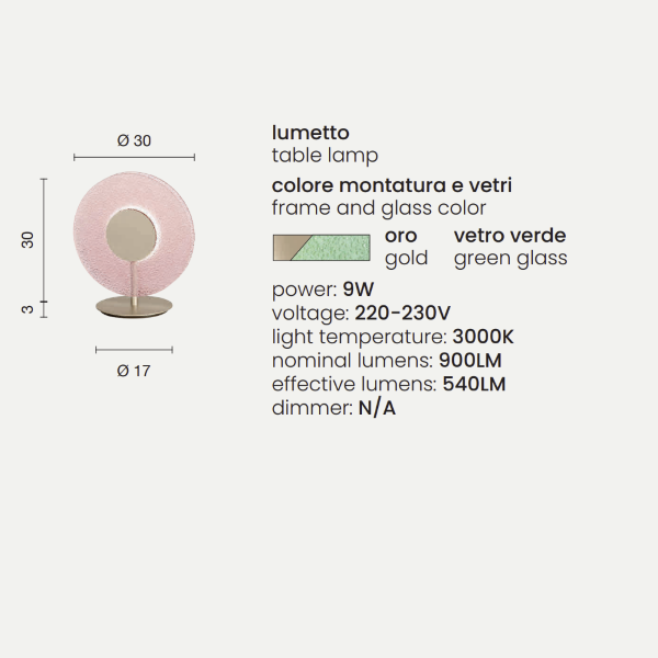 Lumetto a LED CANDY 30x33 cm in metallo Oro e vetro graniglia Verde