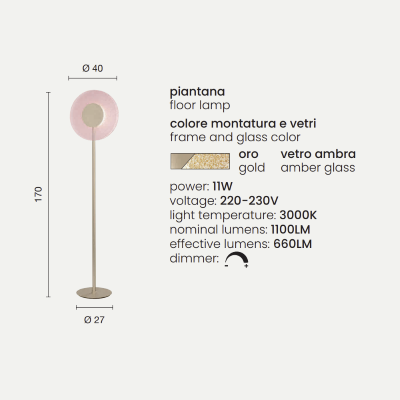 Lámpara de pie LED CANDY de metal dorado y cristal granulado ámbar H170 cm