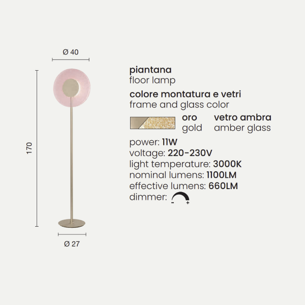Lámpara de pie LED CANDY de metal dorado y cristal granulado ámbar H170 cm