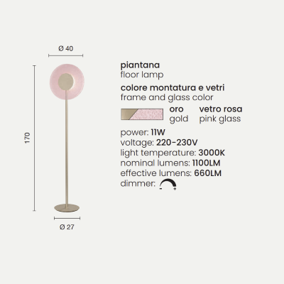 Lámpara de pie LED CANDY de metal dorado y cristal granulado rosa Al. 170 cm