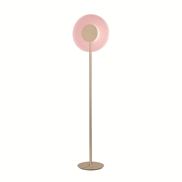 Lámpara de pie LED CANDY de metal dorado y cristal granulado rosa Al. 170 cm