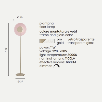 Piantana CANDY a LED in metallo Oro e vetro graniglia Trasparente H170 cm