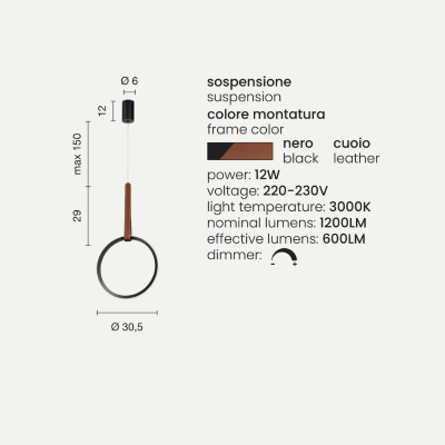 Lampe à suspension LED REGOLI en métal avec élément en éco-cuir CIRCLE D30 cm