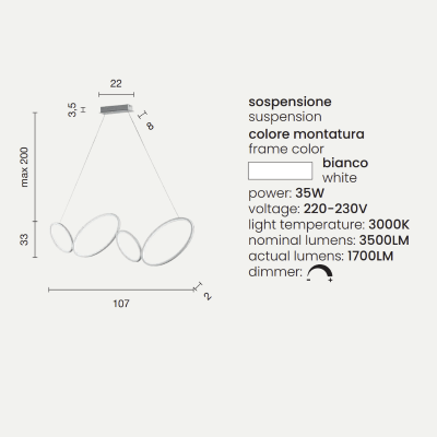 Lámpara colgante LED RICE en metal y difusor acrílico blanco 107 cm