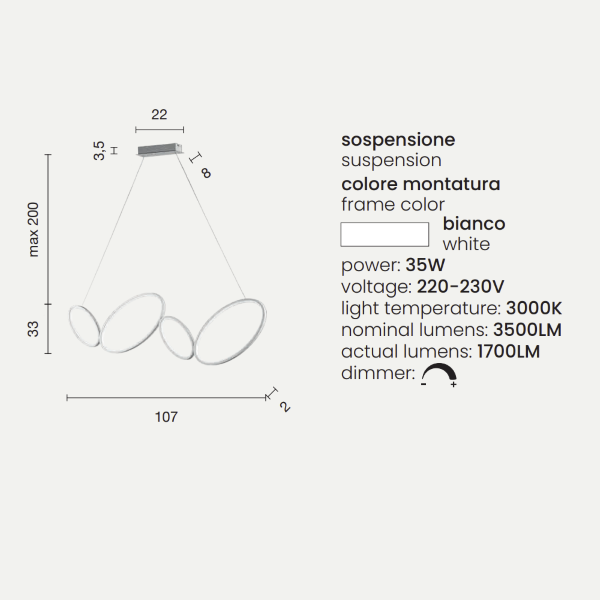 Lámpara colgante LED RICE en metal y difusor acrílico blanco 107 cm