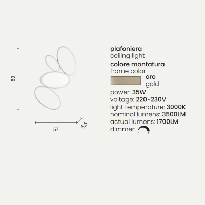 Plafón LED RICE de metal y difusor acrílico Big Gold 83x57 cm