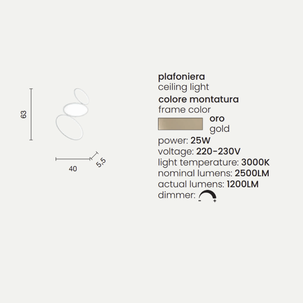 Plafón LED RICE de metal y difusor acrílico Small Gold 63x40 cm
