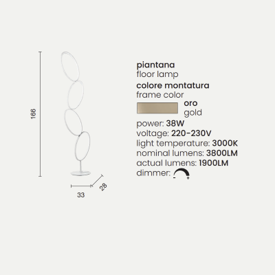 Lampadaire Led RICE en métal et diffuseur acrylique Doré H166 cm