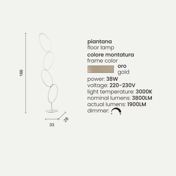 Lampadaire Led RICE en métal et diffuseur acrylique Doré H166 cm