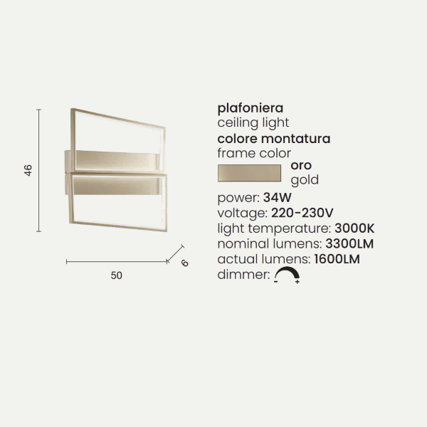 Plafoniera Led 50x46 cm SQUARE in metallo Oro e diffusore polimerico