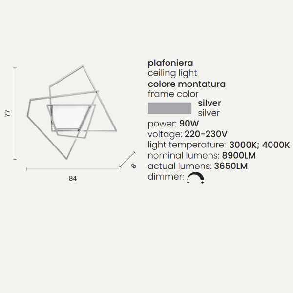 Plafón LED GALAXY de metal plateado y difusor acrílico 84x77 cm