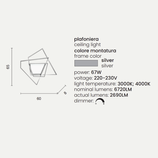 Plafón LED GALAXY de metal plateado y difusor acrílico 65x60 cm
