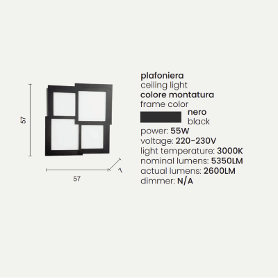 Plafonnier Led en métal noir et diffuseur PASSPARTOU en acrylique 57x57 cm