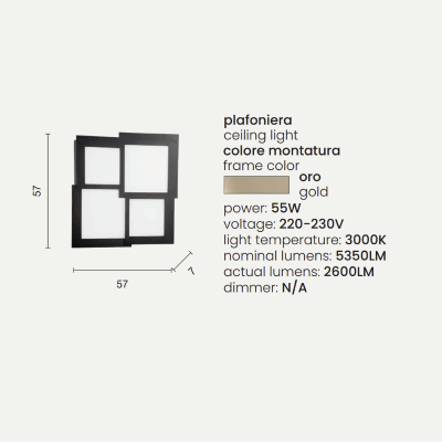 Plafón led de metal dorado y PASSPARTOU difusor acrílico 57x57 cm