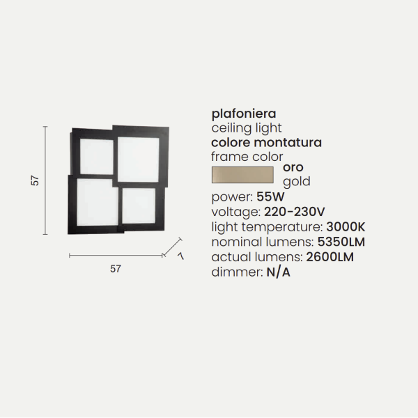 Plafón led de metal dorado y PASSPARTOU difusor acrílico 57x57 cm