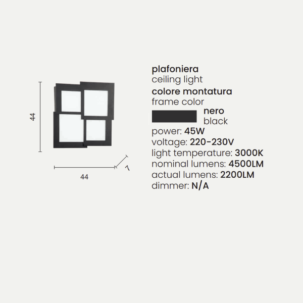 Plafonnier Led en métal noir et diffuseur PASSPARTOU en acrylique 44x44 cm
