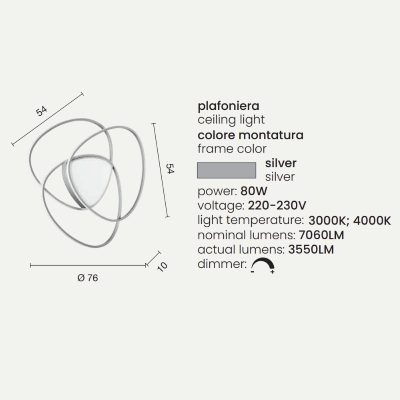 Plafón LED regulable ROSE de tamaño de metal pintado en plata D76 cm