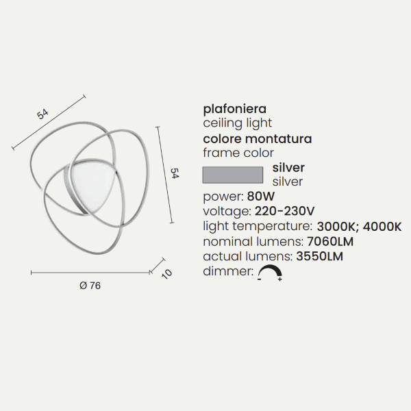 Plafón LED regulable ROSE de tamaño de metal pintado en plata D76 cm