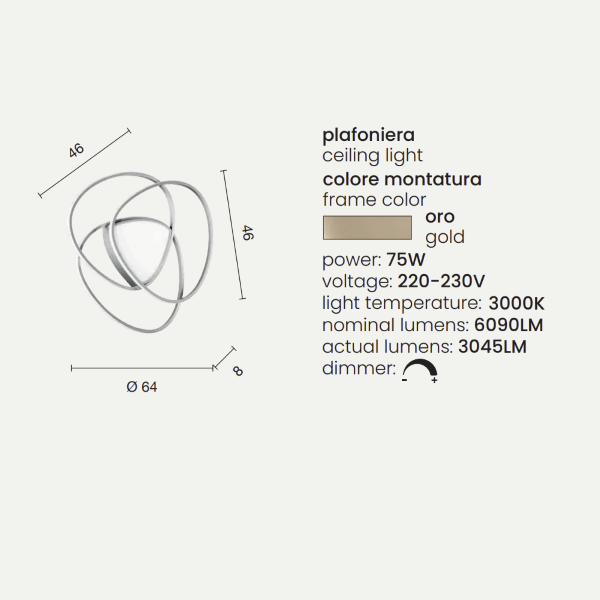 Lámpara de techo LED regulable ROSE de metal pintado en oro D64 cm