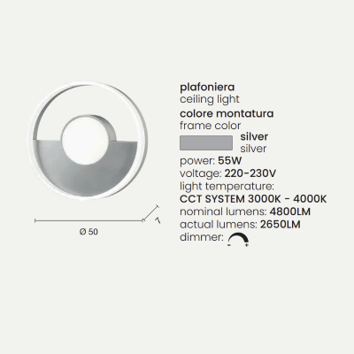 Plafón de metal plateado con difusor perimetral LED ELISA D50 cm