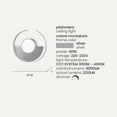Plafoniera in metallo Argento con diffusore perimetrale D40 cm Led ELISA